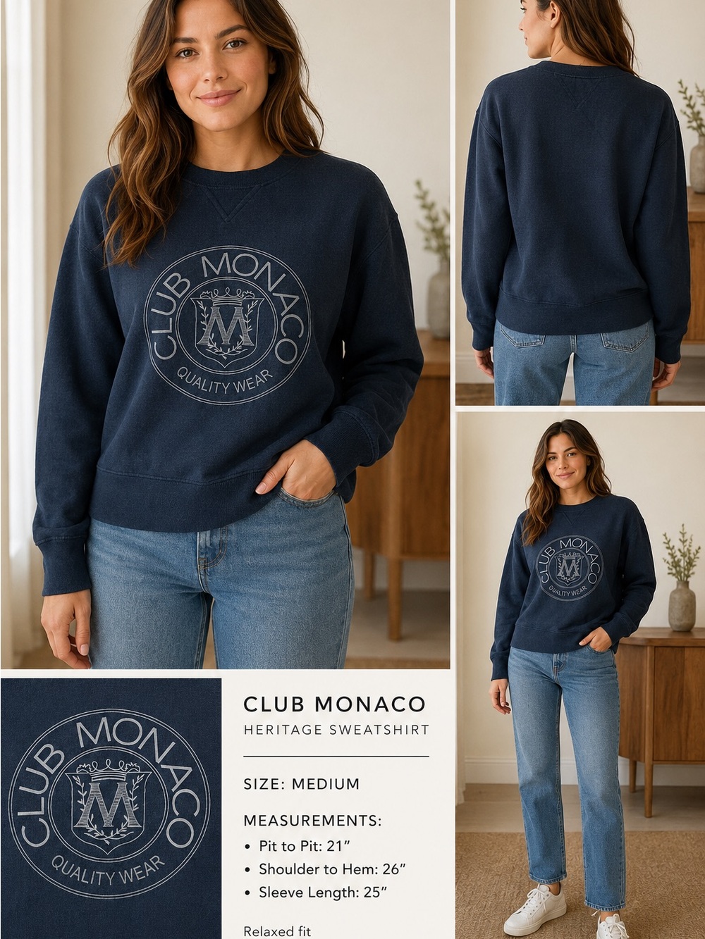 NWT Club Monaco Heritage Crest Logo Navy Fleece Sweatshirt Medium|Quality Wear